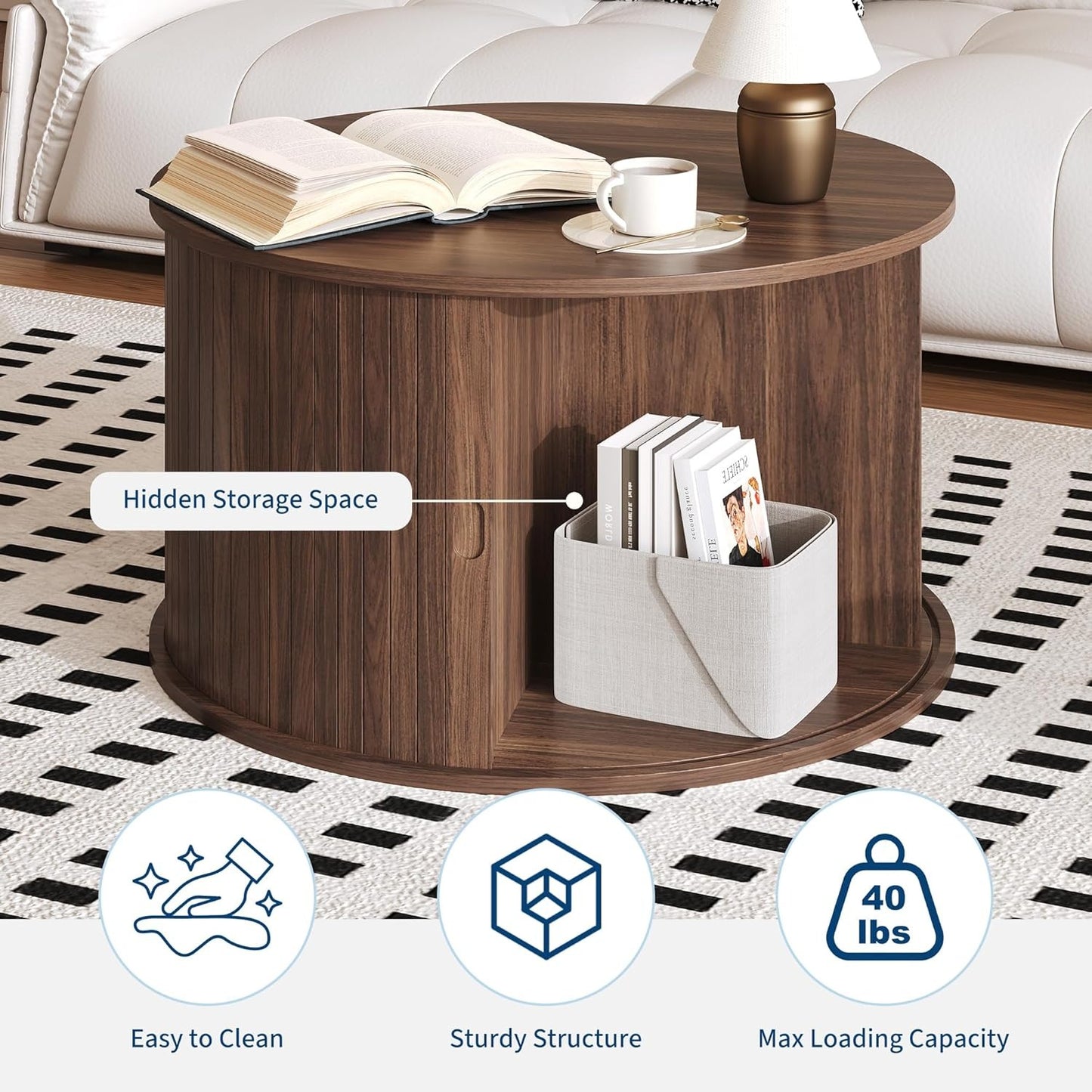 28” Round Coffee Table with Storage – Modern Fluted Accent Table with Sliding Tambour Door