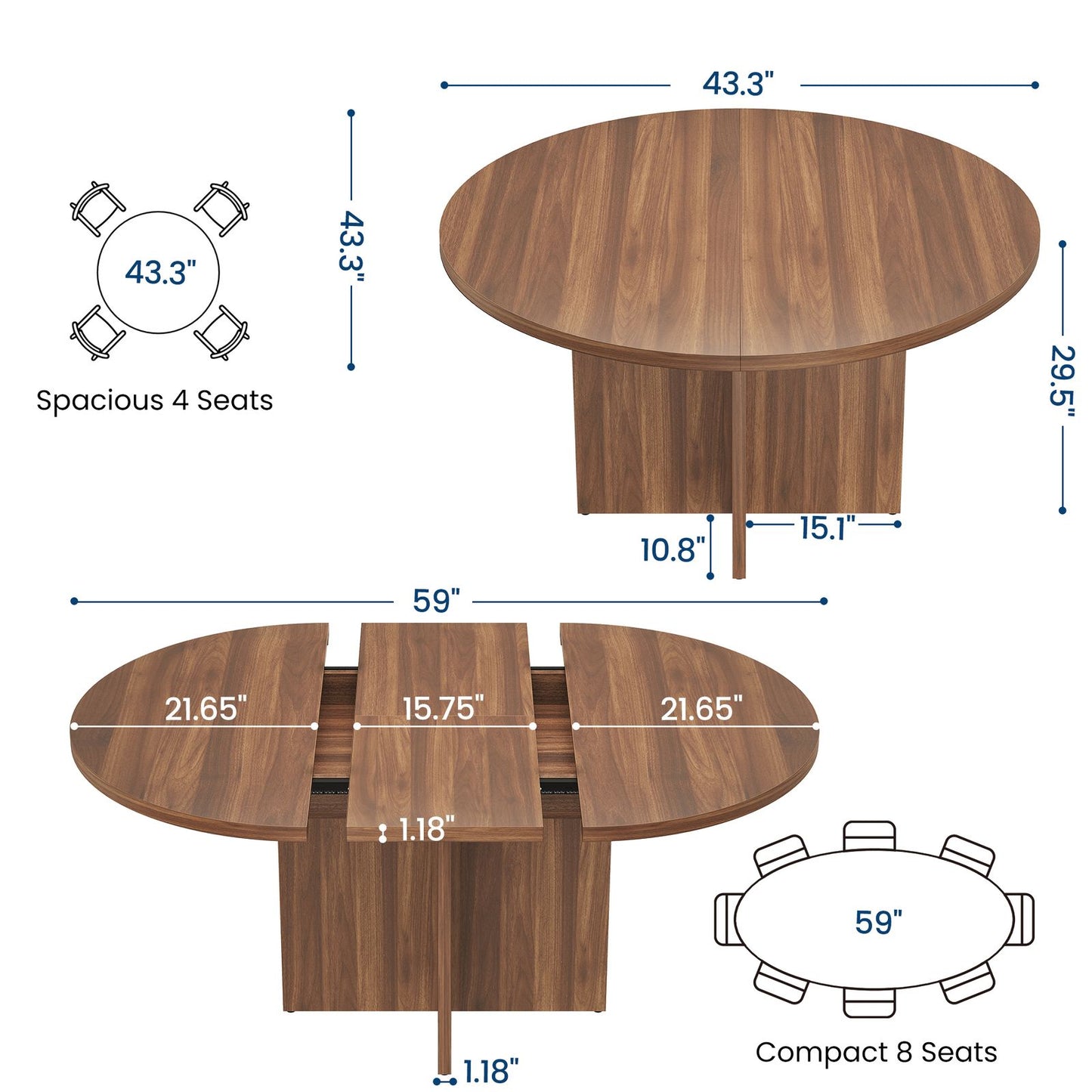 Extendable Round Dining Table – 43.3” to 59” Walnut Space-Saving Kitchen & Dining Table