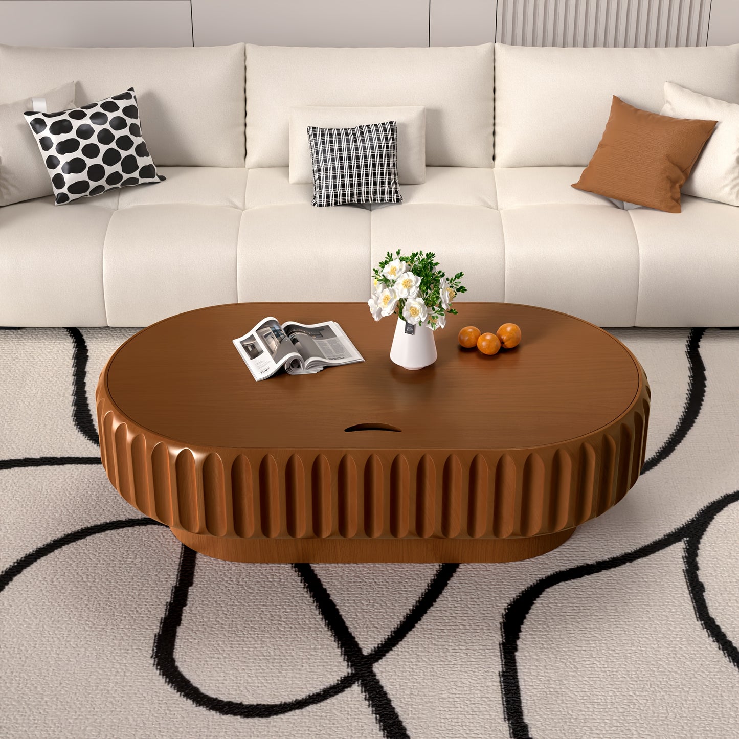 43” Oval Fluted Coffee Table with Storage – Modern Low Drum Center Table