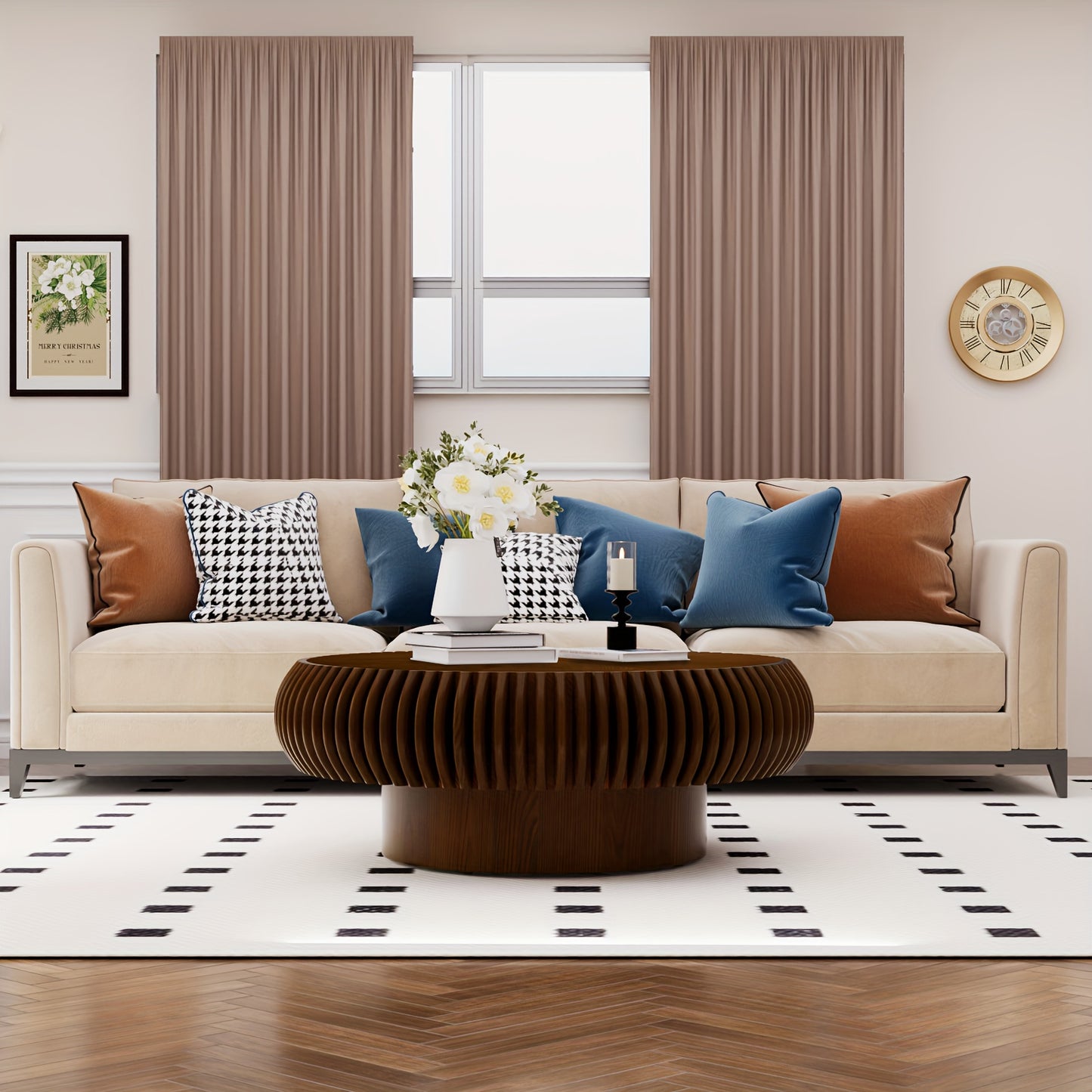 Brown Fluted Drum Coffee Table – Round Pedestal Center Table