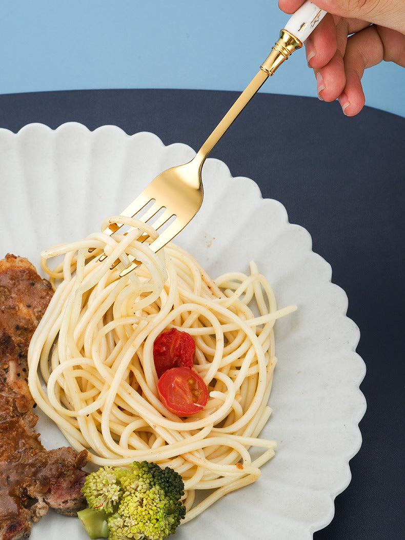 Stylish Stainless Steel Cutlery with a Marble Design, Featuring Vintage Ceramic Handles, Perfect for Upscale Western Meals, Desserts, And Tea Service