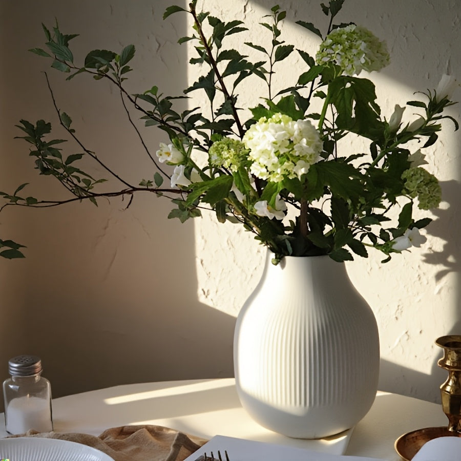 1pc White Minimalist Striped Plastic Vase | Nordic Modern Home Decor, Hydroponic Display Container, Suitable for Living Room, Dining Room, and Bedroom Display, Bohemian Style, Cylinder Shape, Use Without Electricity