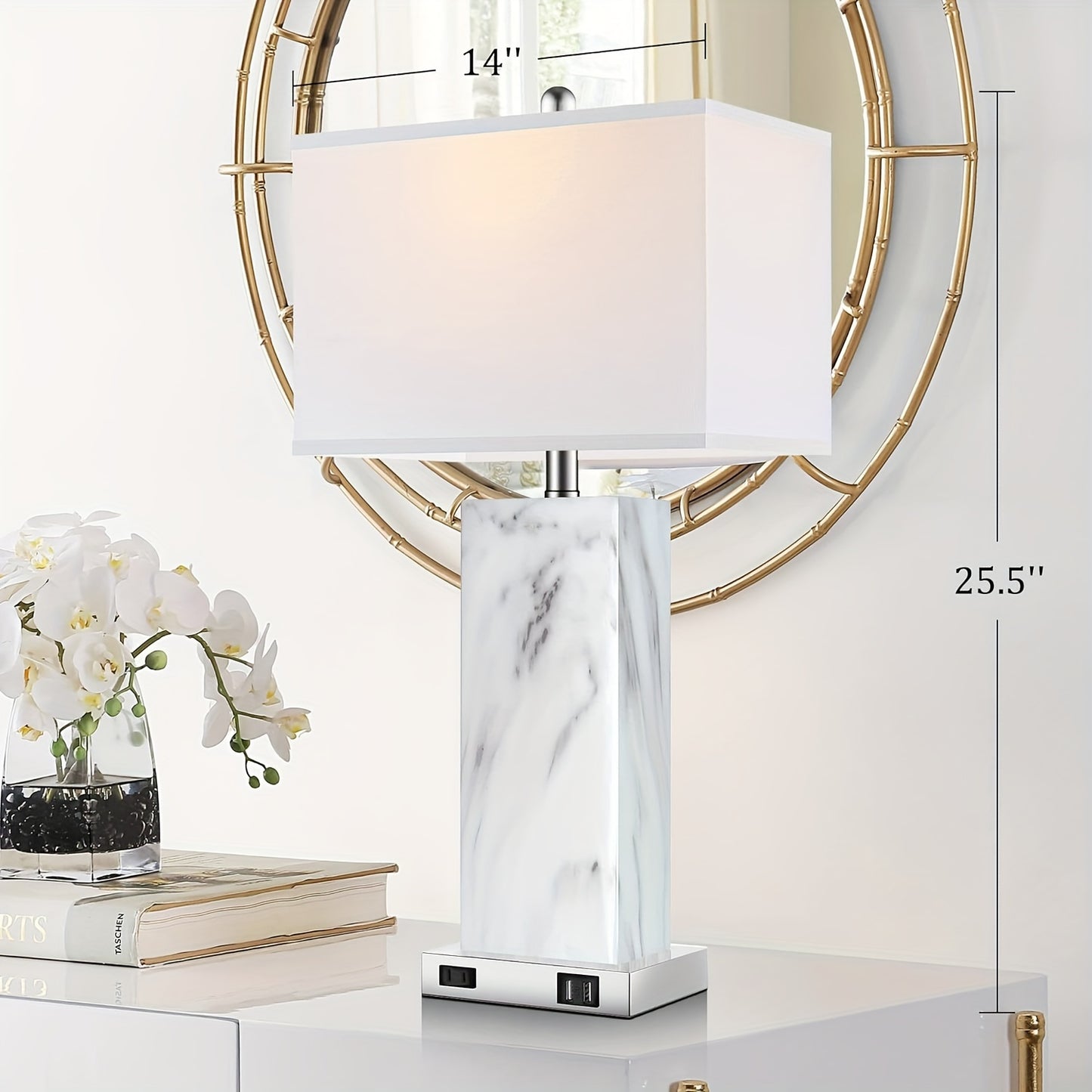 Touch Control Table Lamps Set of 2, Modern Ceramic Bedside Lamp with 2 USB Ports 1 AC Outlet, 3-Way Dimmable White Nightstand Lamp with Fabric Shade for Living Room, Bedroom (LED Bulbs Included)