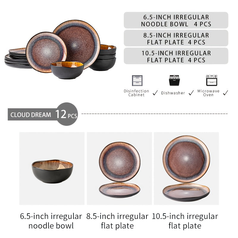 Brown Flame Glaze Ceramic Dinnerware Set (12-Piece) – Modern Plates & Bowls for 4