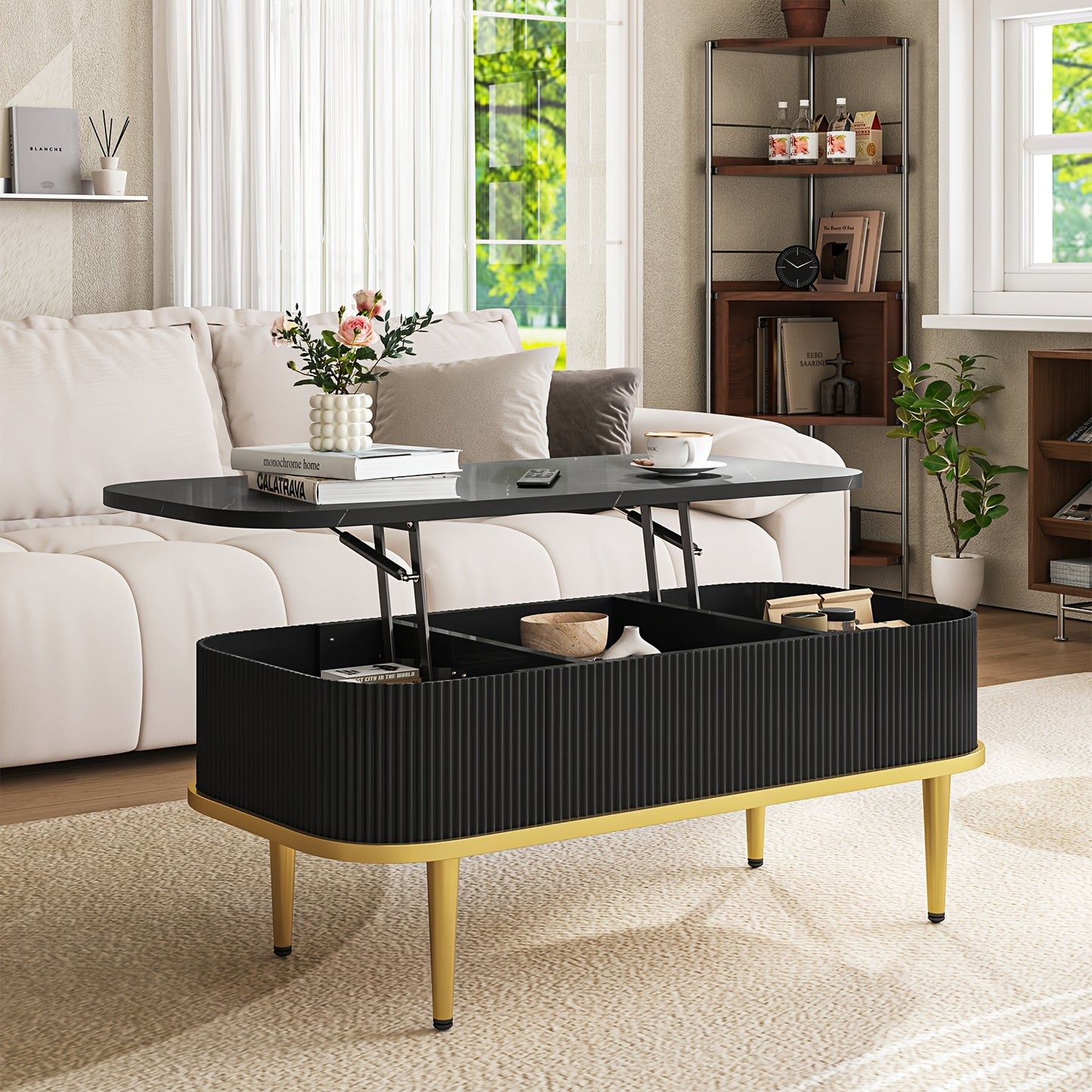 Lift-Top Coffee Table – Modern Oval Center Table with Storage (Walnut & Black)