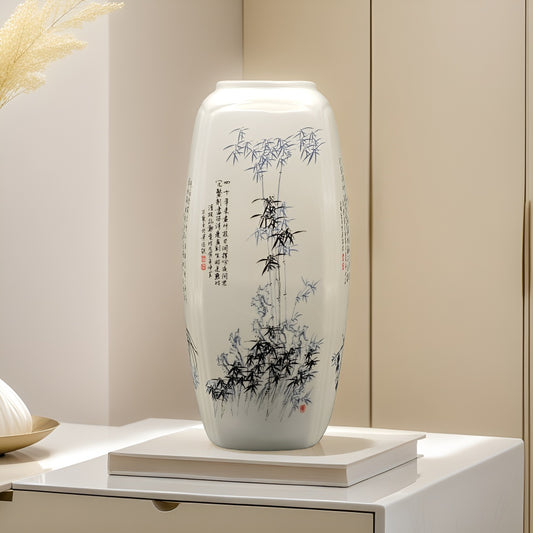 Modern Vase, 12.6inch Ceramic Vase for Home Decor, Flowers, Hydroponic Plants, Wedding, Centerpiece, St Patrick's Day, Easter, Spring Decor, Designer Recommended.Square Ceramic Vase Decorated with the "Four Gentlemen"(Plum, O