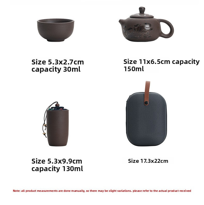 Portable Chinese Ceramic Purple Clay Tea & Coffee Set - One Pot & 4 Cups Travel Tea Suitable for, Camping, Office, Gift for, - Ceramic Tea Set with Storage Bag, Coffee/ Tea Cups