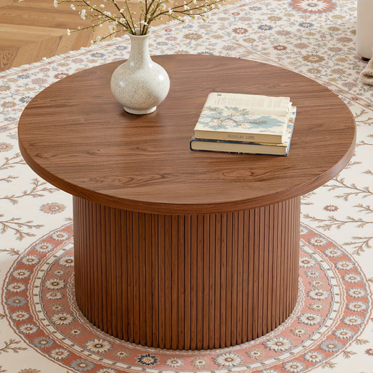 31.5” Round Farmhouse Coffee Table – Wood Center Table with Storage & Roll Pads
