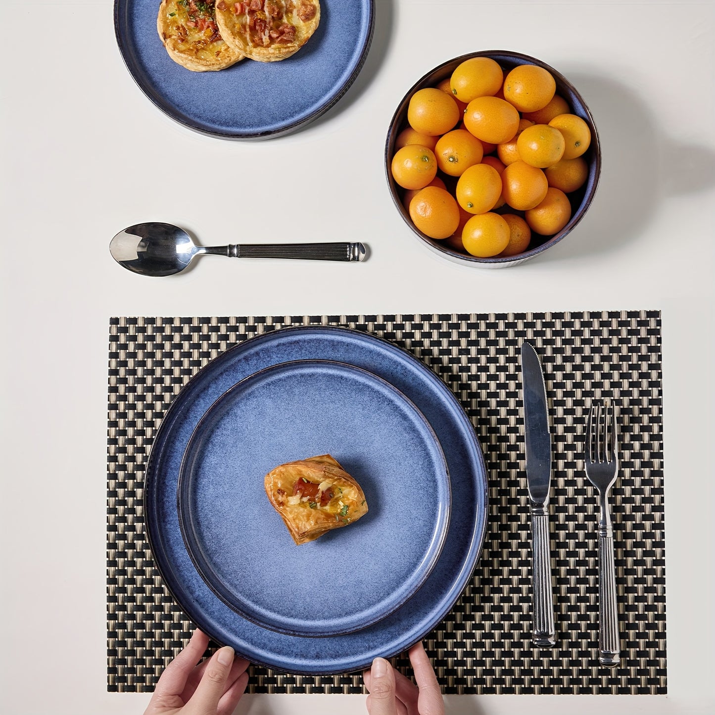 Blue Striped Reactive Glaze Dinnerware Set (16-Piece) – Ceramic Tableware for 4