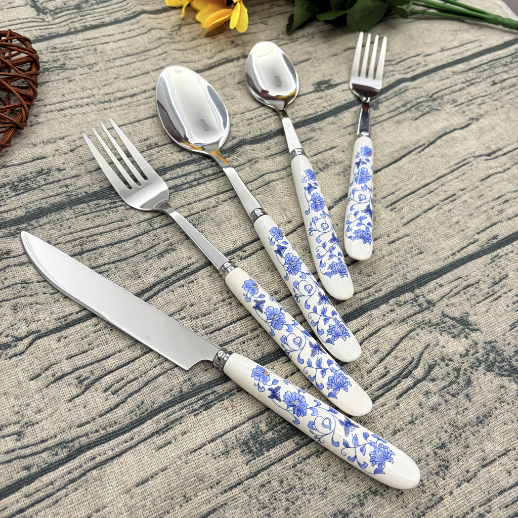 5/25pcs And Ceramic-Handle Stainless Steel Tableware | Includes Dinner, Fork, Spoon, And Dessert Spoon, Ideal For Home, Kitchen, And Restaurant Use