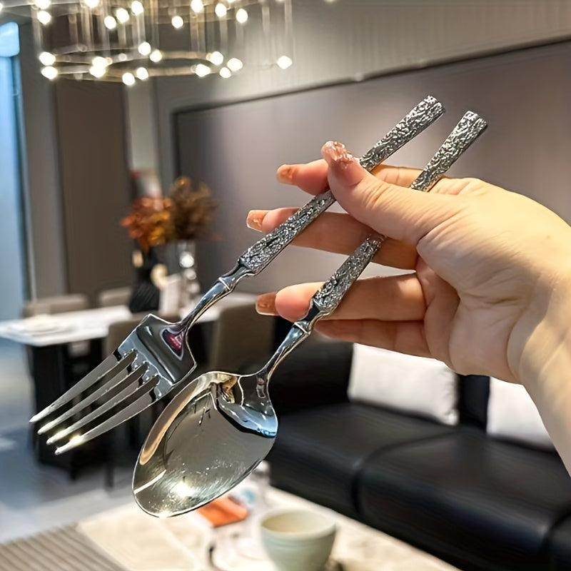 4/16/24pcs Set - Essential silvery Stainless Steel Cutlery Set with Tree-Patterned Handles, High-Quality Knives, Forks, And Spoons, Suitable for Weddings, Hotels, Restaurants, And Festive Occasions