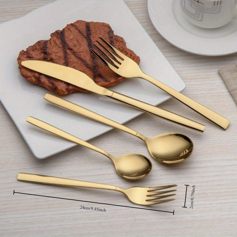 Golden 20pcs Titanium Gold Plated Stainless Steel Flatware Set, 20pcs Golden Silverware Set, Golden Cutlery Set, Elegant Stainless Steel Knife and Fork Spoon, Dishwasher Safe, Service for 4 (shiny Gold)