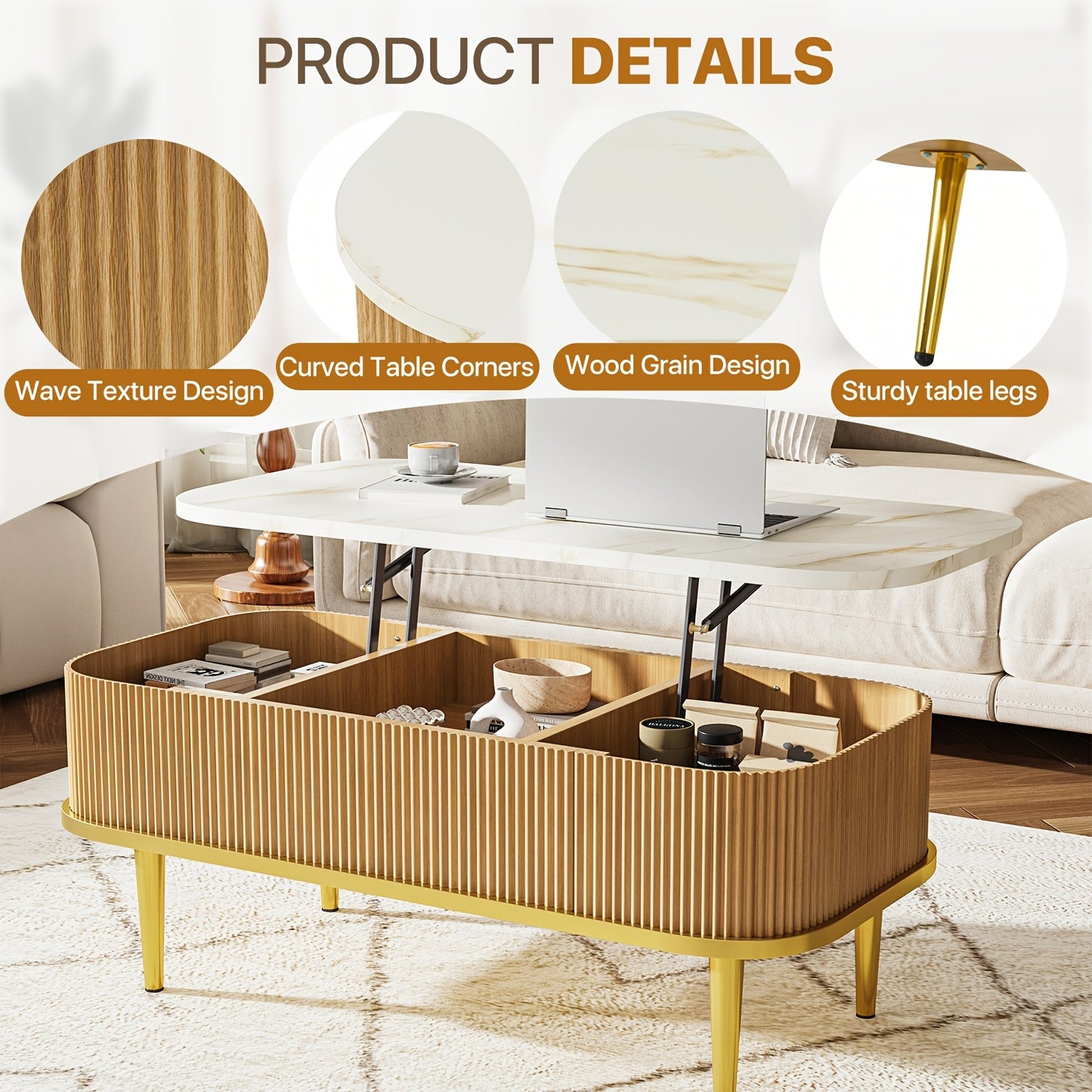 Lift-Top Coffee Table – Modern Oval Center Table with Storage (Walnut & Black)