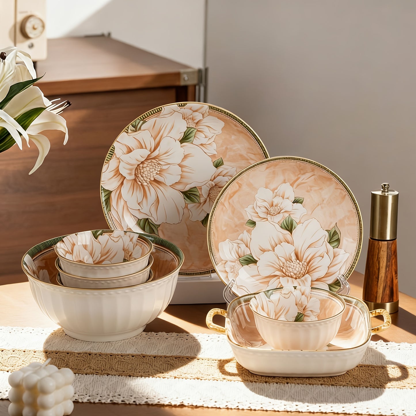 Camellia Pattern Ceramic Dinnerware Set – Light Luxury Tableware (16 / 33 / 43 Pieces)