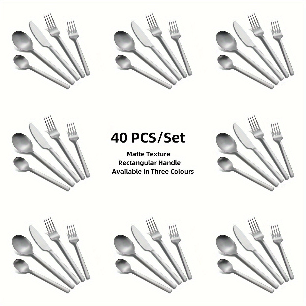 40pcs Matte Silvery Tableware Set Flat Tableware Set Matte Stainless Steel Tableware Set with Rectangular Handle Wedding Gift Family Hotel Daily Restaurant Activity Use Housewarming 8-person Gift Service