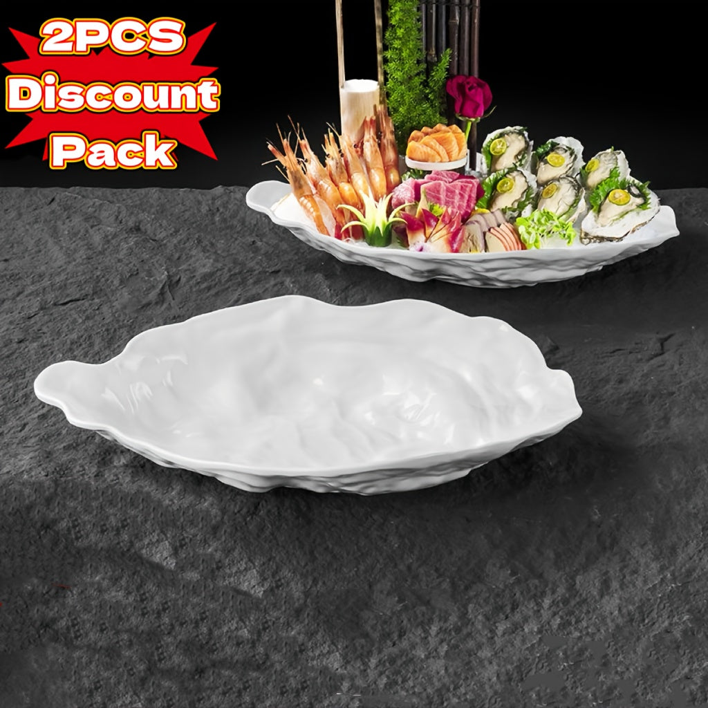 White Shell-Shaped Ceramic Serving Plate Set (2-Piece) – Oyster Design, Microwave Safe