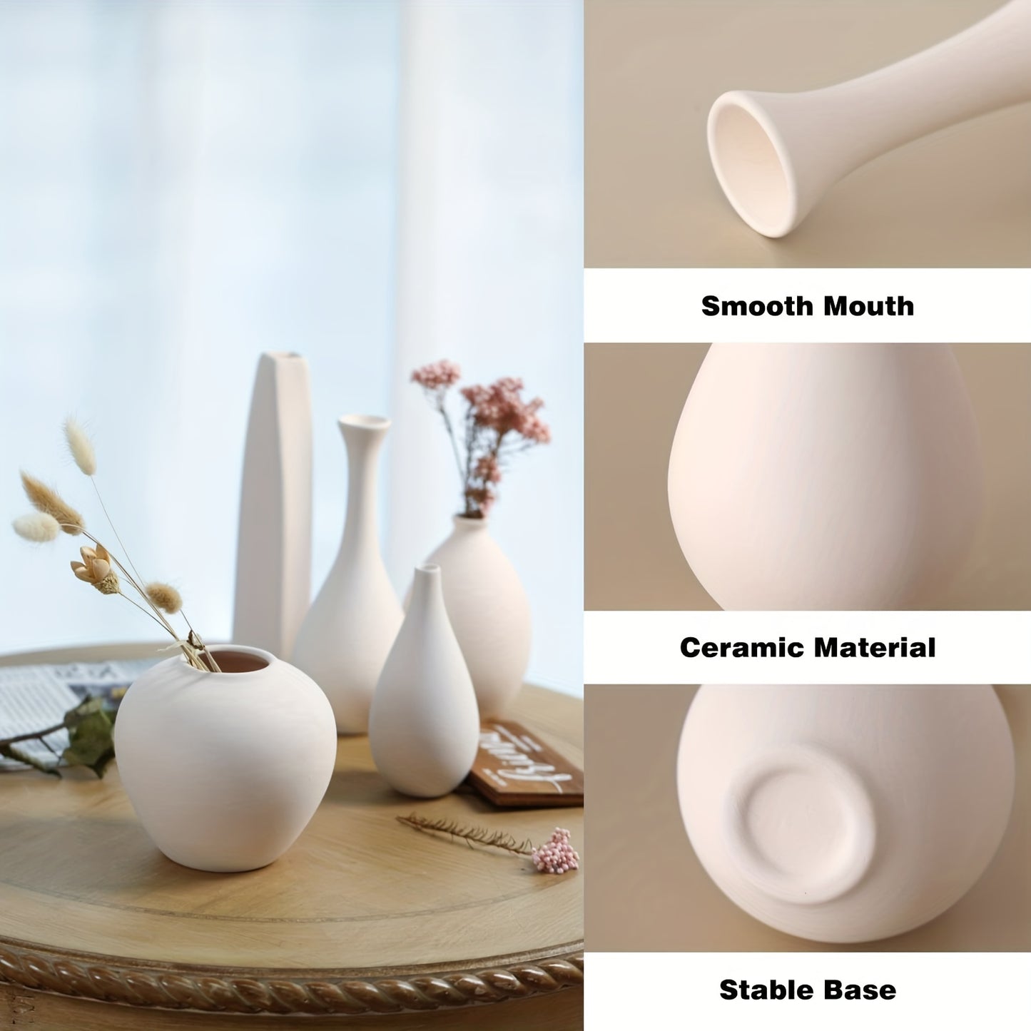 Set of 6 Small White Ceramic Vases - Modern Rustic Decor for Living Room, Office, Bookshelf, and Entryway Centerpieces