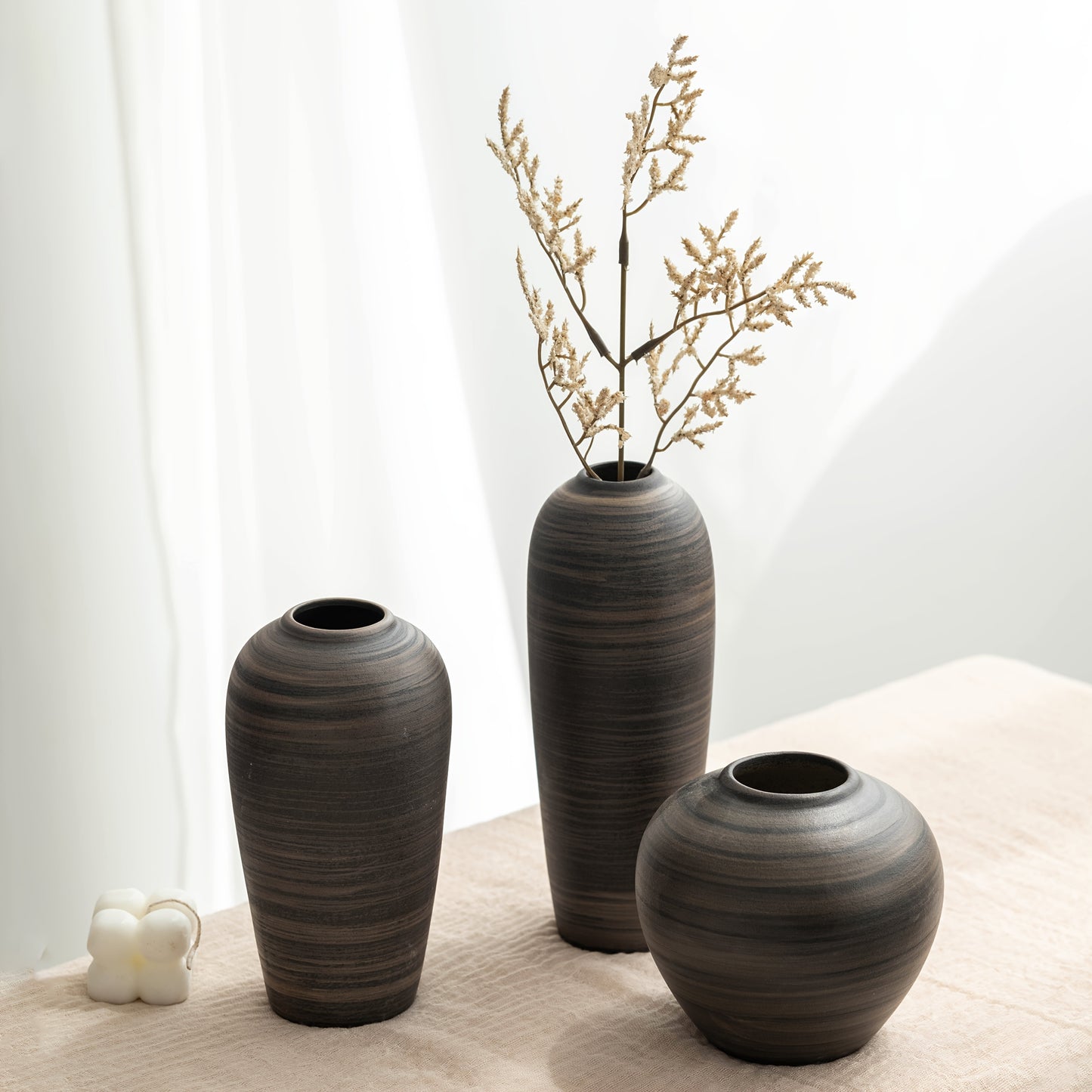 [Wabi-Sabi Ceramic Vase] Wabi-Sabi Style Striped Coarse Ceramic Vase. The Unique Stripe Texture and Rustic Tones of the Vase, Paired with Dried , Create a Natural, Serene, and Textured Atmosphere for Living Rooms, Studies, an