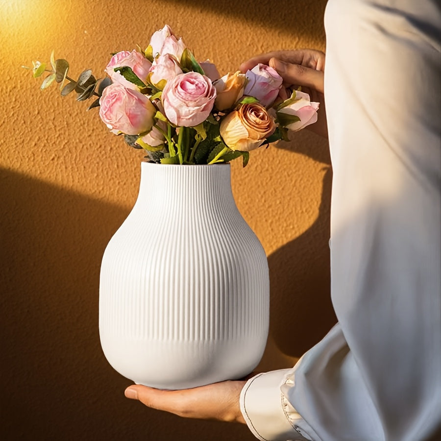 1pc White Minimalist Striped Plastic Vase | Nordic Modern Home Decor, Hydroponic Display Container, Suitable for Living Room, Dining Room, and Bedroom Display, Bohemian Style, Cylinder Shape, Use Without Electricity