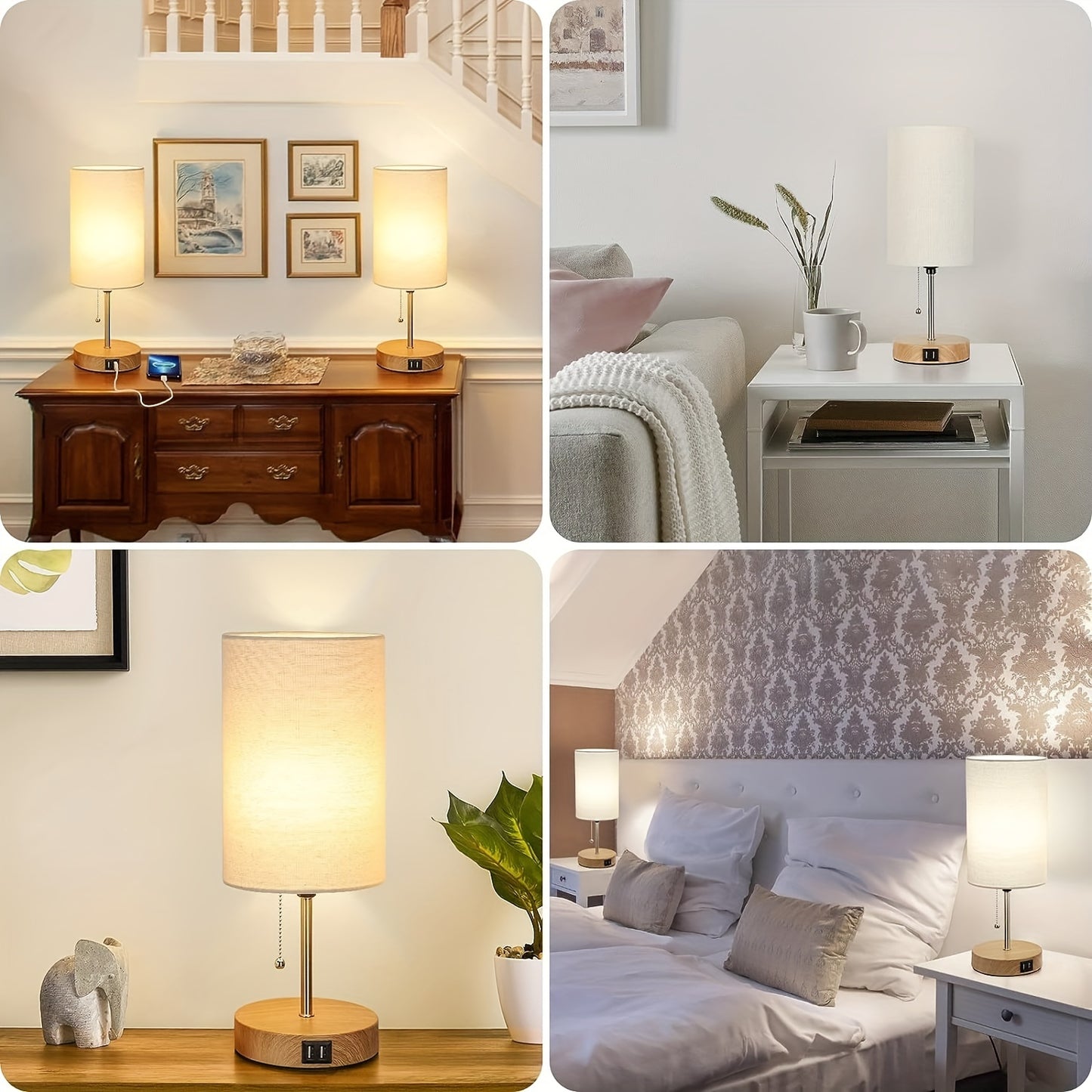 Set of 2 Table Lamps with 2 USB Ports, Modern Bedside, Desk Lamps with Pull Chain, Nightstand Lamps with Cream Fabric Shade and Metal Base for Living Room Bedroom Office Reading Dorm Hotel