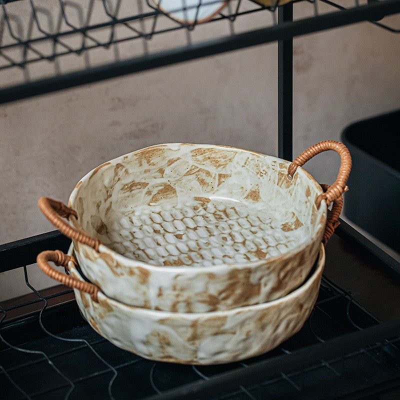 Handmade Rustic Pottery Bowl with Handles – Retro Deep Plate & Serving Bowl
