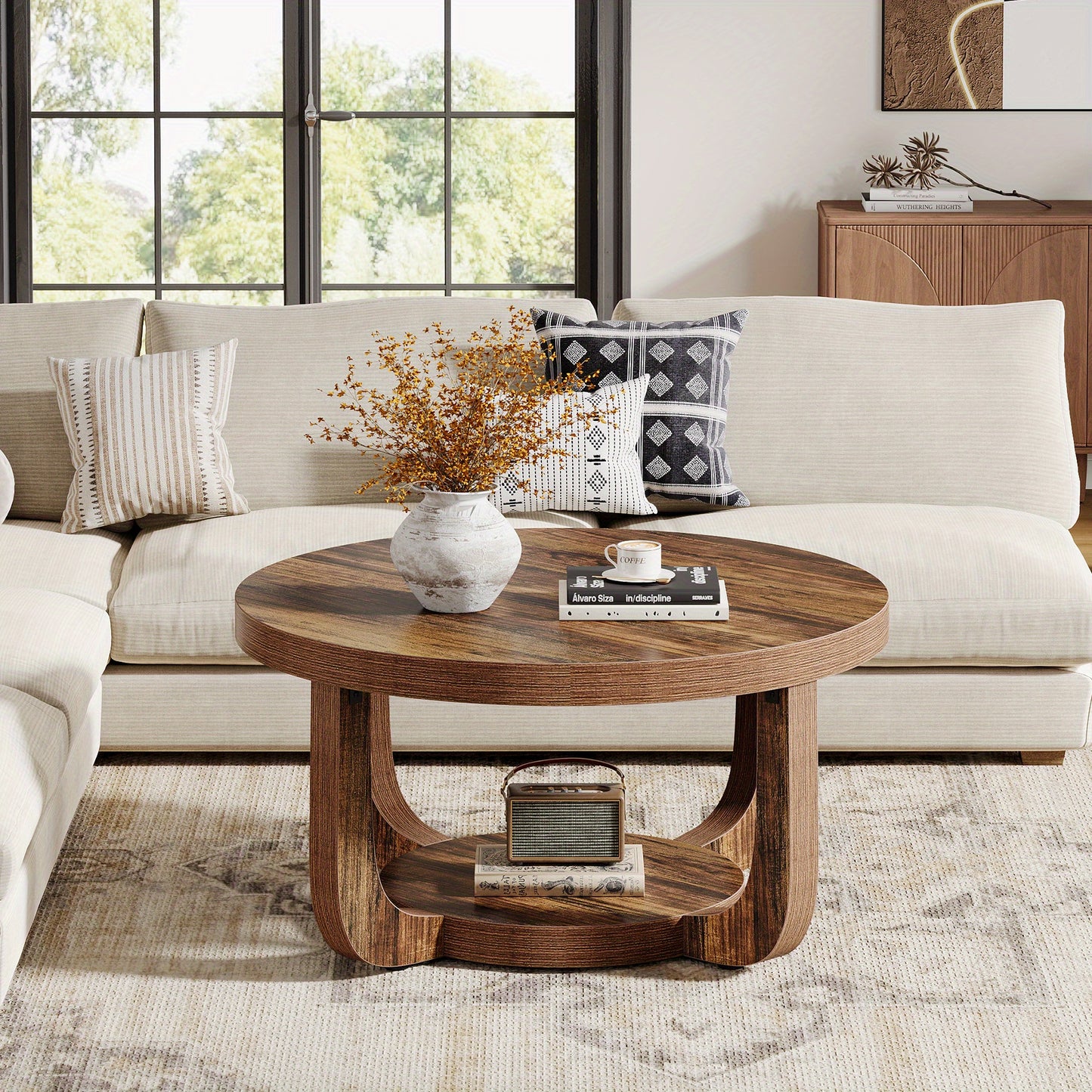Modern Round Coffee Table with 2-Tier Storage – Rustic Brown Center Table