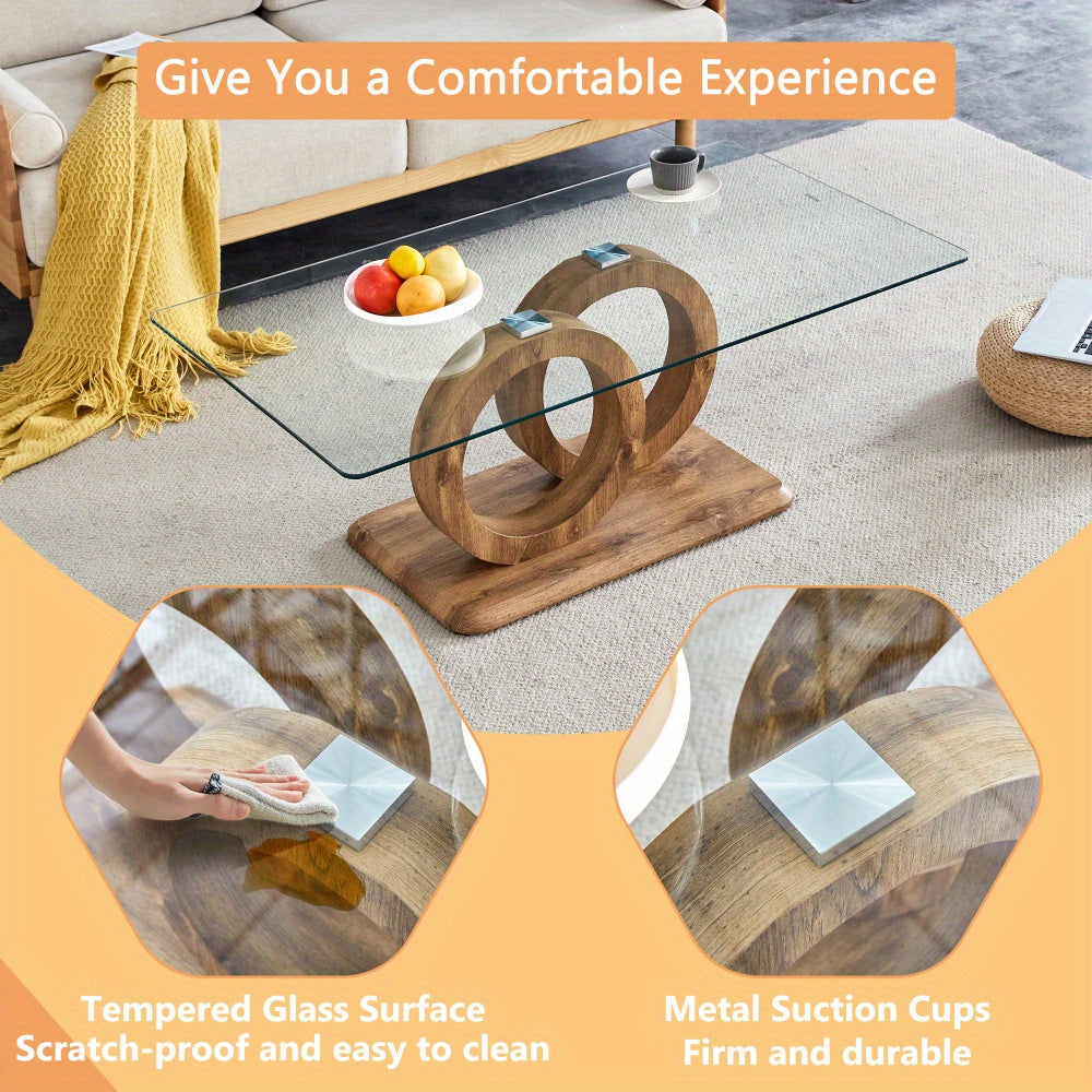 Modern Glass Top Coffee Table – Natural Wood Base Center Table (47.2")