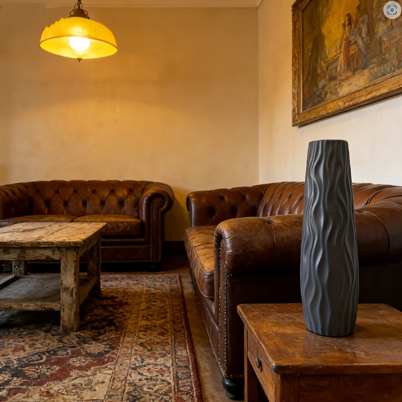 Large Durable Plastic Floor/cabinet Vase, 22.83inch High: Features a European Minimalist Modern Geometric Textured Cylinder Design, Available in White, Black, and Gray. Suitable for Hydroponic and Dried Flower Arrangements, L