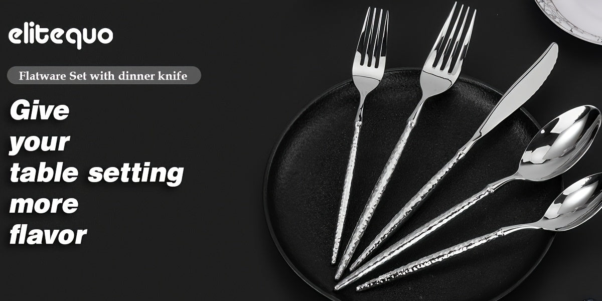 20pcs Silvery Stainless Steel Flatware Set with Hammered Handles, 4/6-Person Service, Includes Knives, Forks And Spoons, Mirror Polished, Dishwasher Safe, Ideal for Family Gatherings