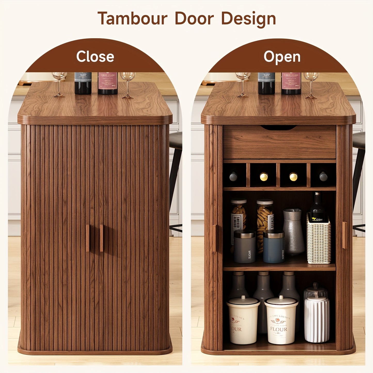 59” Kitchen Island with Storage & Sliding Door – Walnut Bar & Prep Table