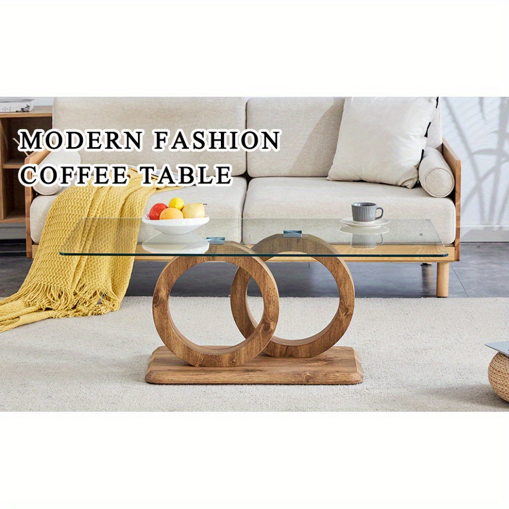 Modern Glass Top Coffee Table – Natural Wood Base Center Table (47.2")