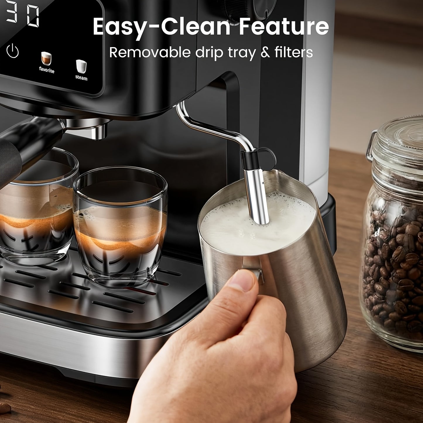 Stainless Steel Espresso Machine with Milk Frother | Fast Heating System, 40.58oz Removable Water Tank, 120V Power Supply, 304 Stainless Steel, for Home & Office Use