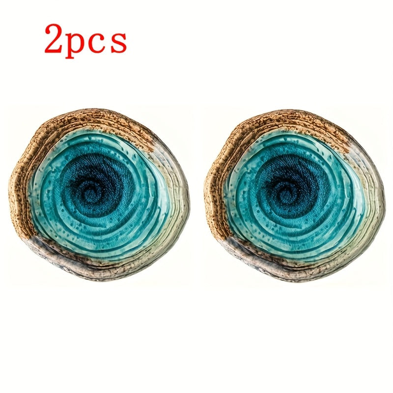 Handmade Irregular Ceramic Plate Set (2-Piece, 7") – Spiral Texture Serving Plates