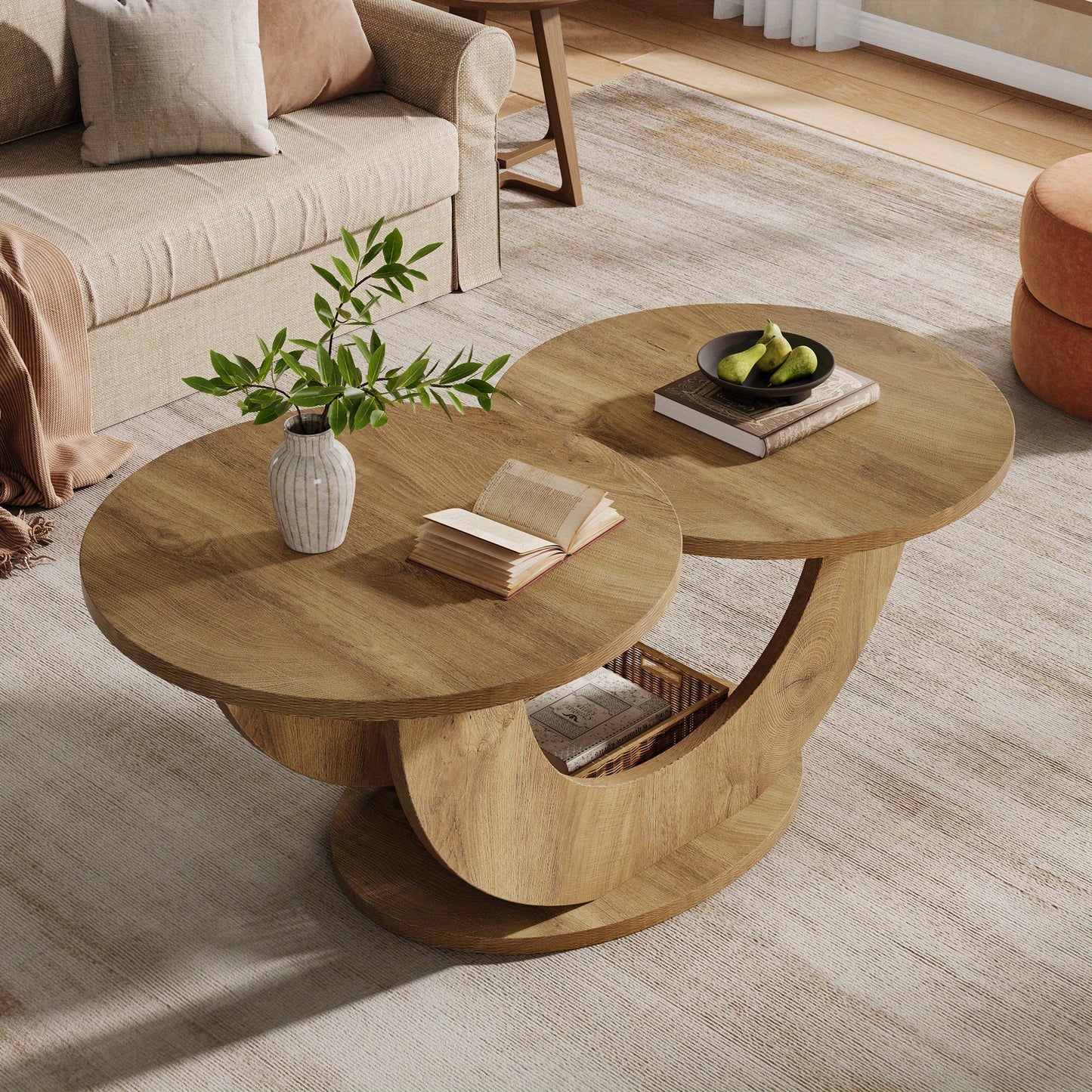 2-Tier Round Farmhouse Coffee Table – Natural Wood Accent Center Table
