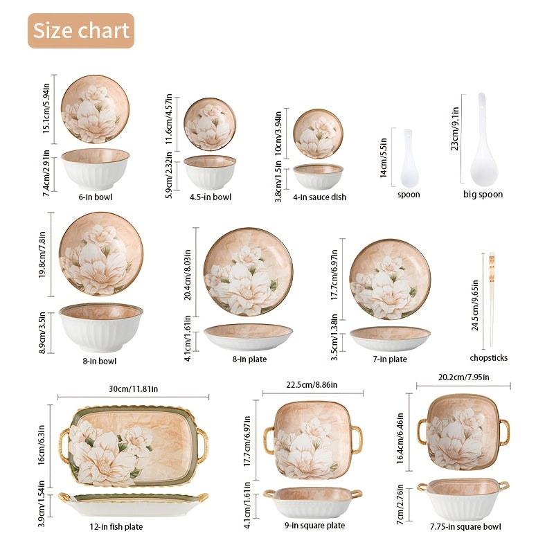 Camellia Pattern Ceramic Dinnerware Set – Light Luxury Tableware (16 / 33 / 43 Pieces)