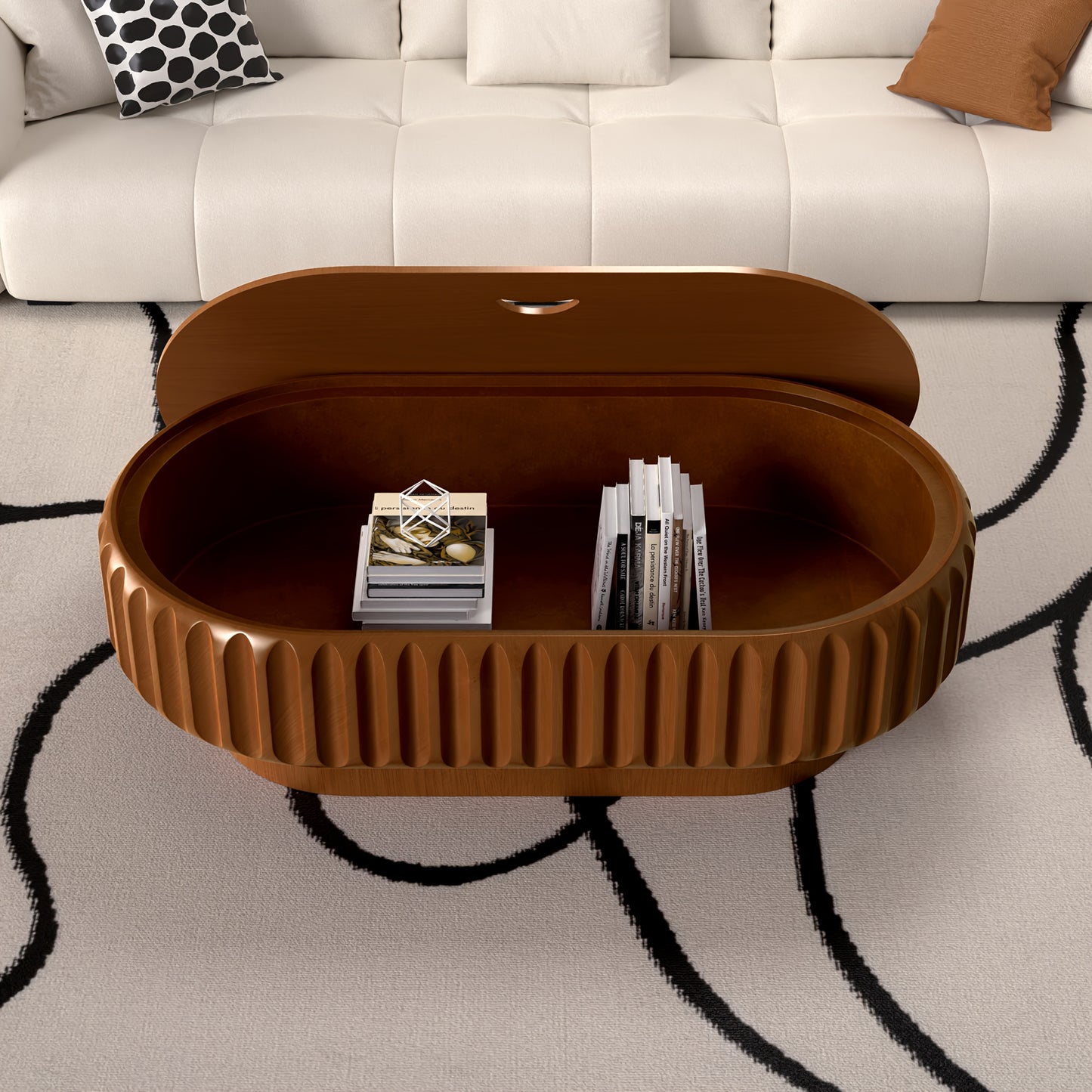 43” Oval Fluted Coffee Table with Storage – Modern Low Drum Center Table