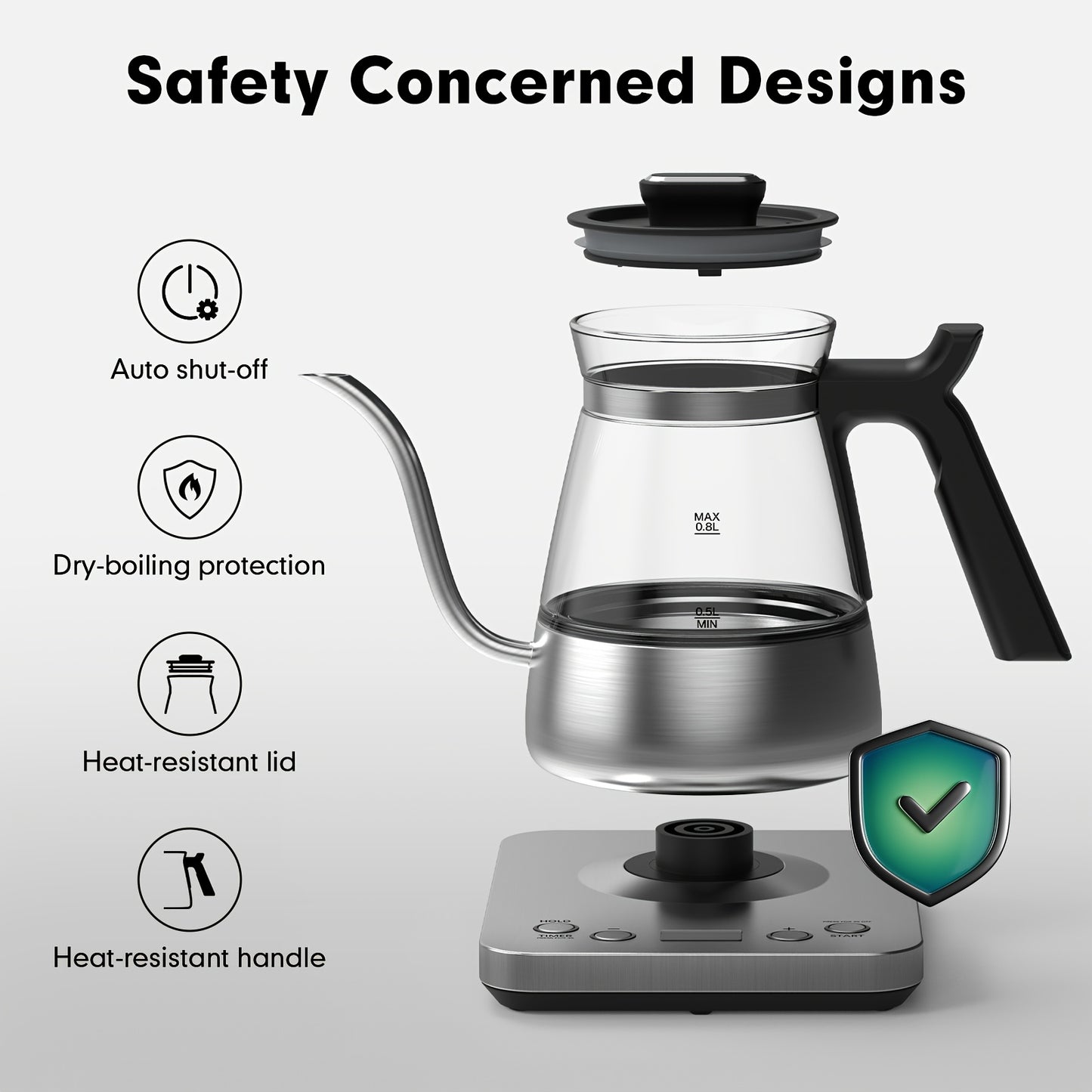 Electric Gooseneck Glass Kettle with Temperature Control, 1200W Rapid Boiling Electric Kettle for Pour-Over Tea Coffee, LCD Display, 1H Keep Warm, 0.8L, Silvery