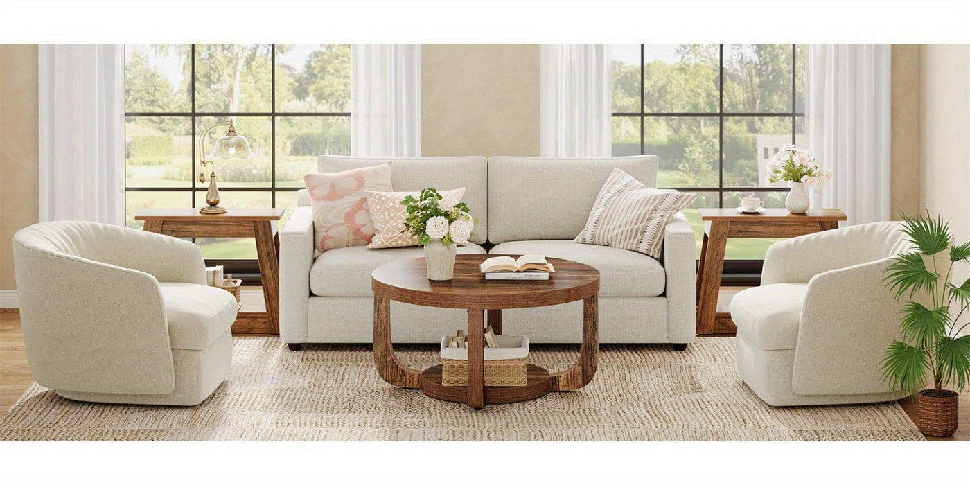 Modern Round Coffee Table with 2-Tier Storage – Rustic Brown Center Table