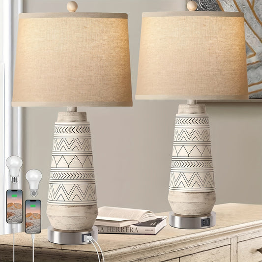 2-Pack Large 26 Modern Farmhouse Table Lamps - Touch-Control Dimmable 3-Color Temperature Glass Bedside Lamps with 2 USB Ports, White Fabric Shade, and Power Supply - Perfect for Living Room and Bedroom Decoration