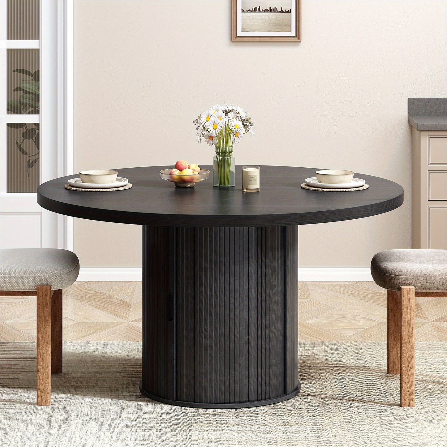 Round Dining Table with Storage – Sliding Doors & Drawer (47”)