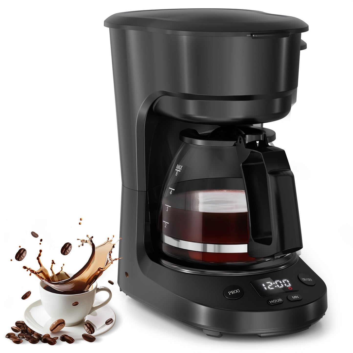 Drip Coffee Maker with Coffee Pot, Portable Coffee Maker with 25.36oz Water Tank, 30s Anti-Drip Function, Removable Funnel, One-Touch Switch, Dry Boil Protection, Black