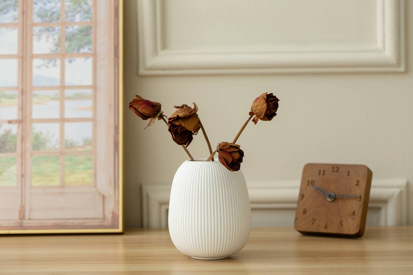 [Ceramic Vase Set] Ceramic Vase Simple European Style White Striped Unglazed Dry Flower Vase Home Decor Craft Ornament Vase Set