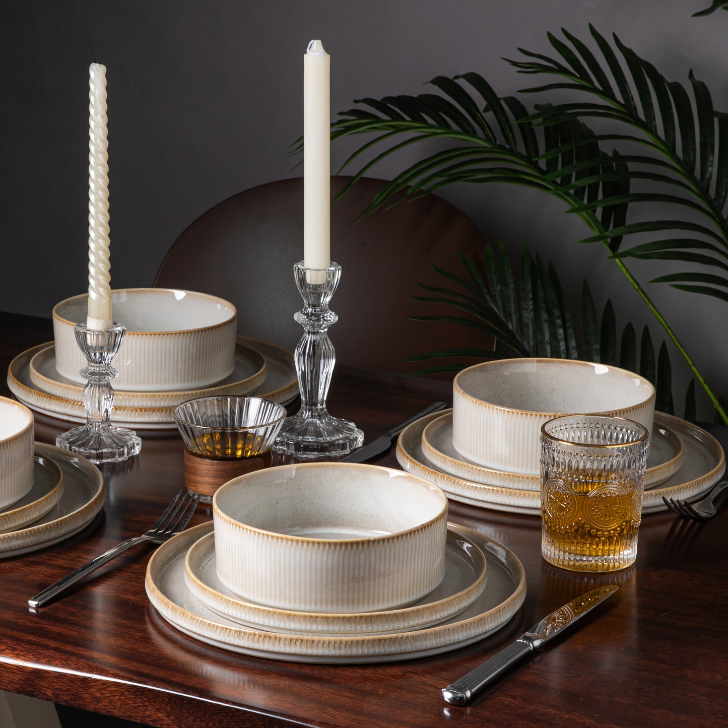 Striped Cream Beige Reactive Glaze Dinnerware Set (12-Piece Ceramic Stoneware)