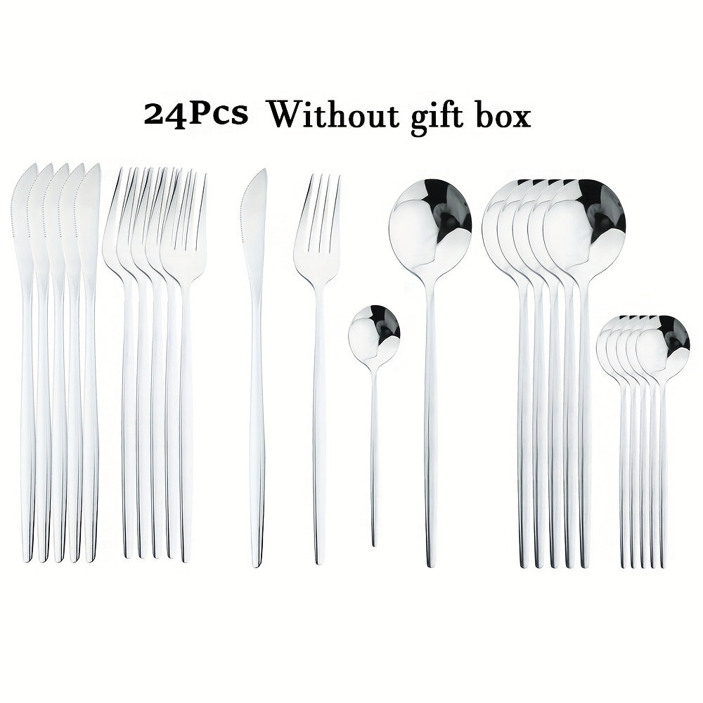 24pcs Black And Golden Elegant Stainless Steel Tableware Set, Including Forks, Knives, Spoons, Service Spoons And Service Forks - Perfect for Holiday Gifts Or High-end Kitchen Decoration, Holiday Tableware with Elegant Design