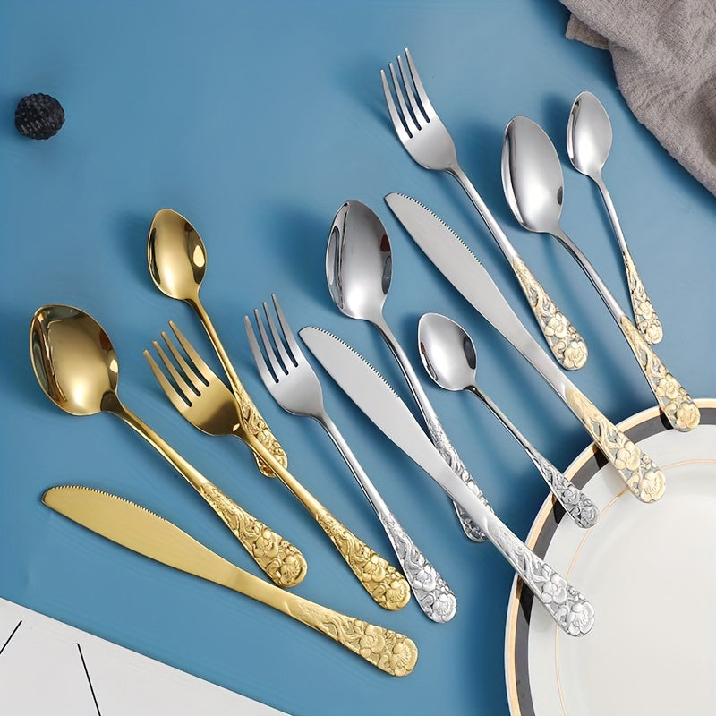 24pcs Stainless Steel Cutlery Set with Patterned Handles in a Gift Box