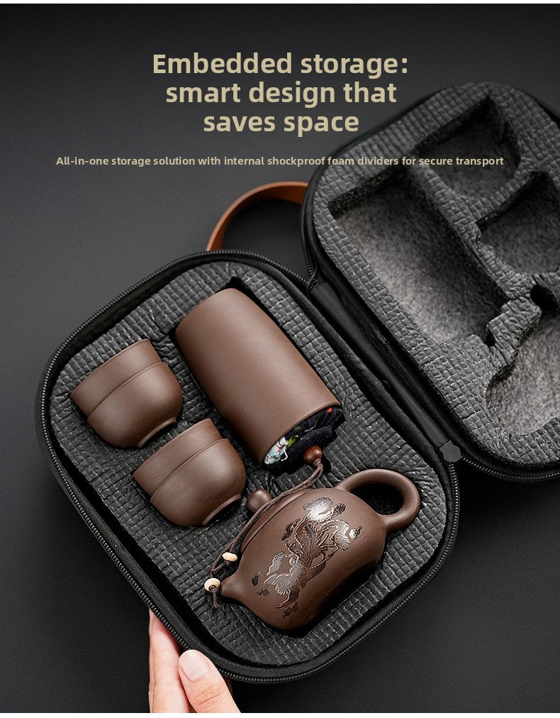 Portable Chinese Ceramic Purple Clay Tea & Coffee Set - One Pot & 4 Cups Travel Tea Suitable for, Camping, Office, Gift for, - Ceramic Tea Set with Storage Bag, Coffee/ Tea Cups