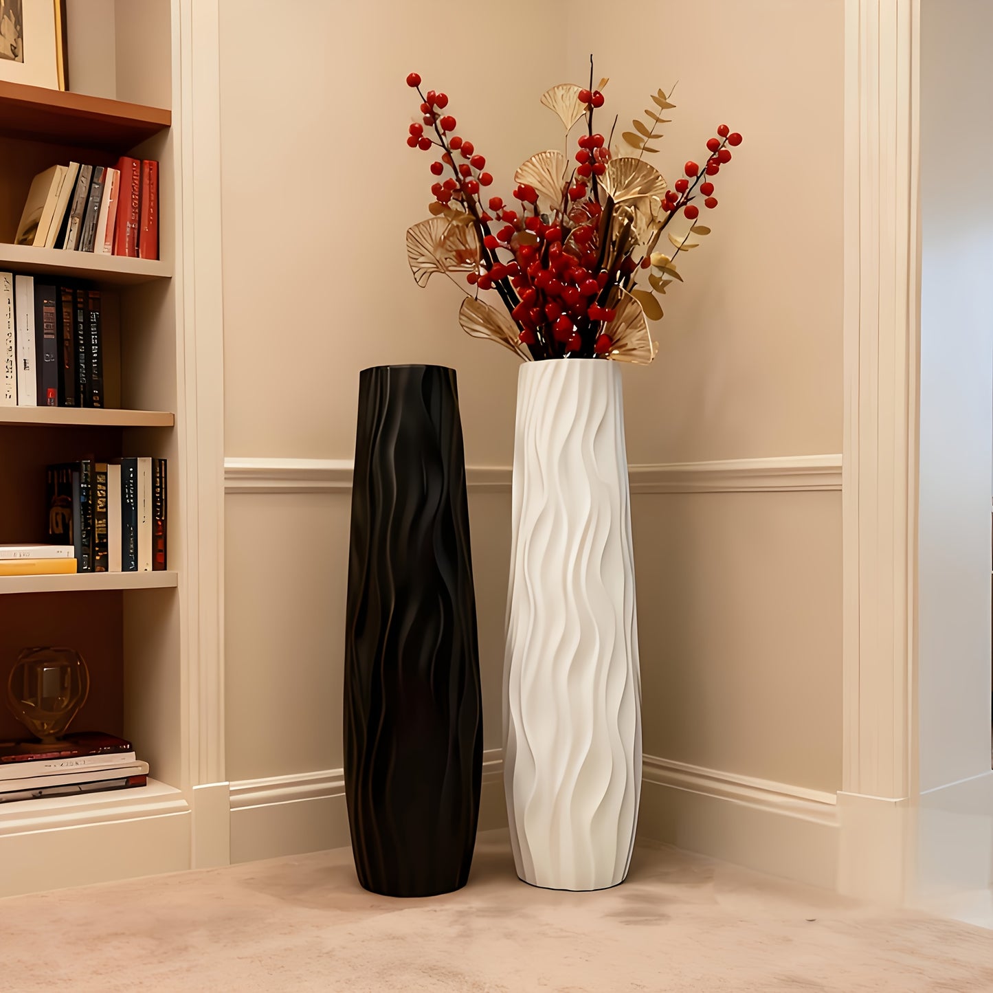 Large Durable Plastic Floor/cabinet Vase, 22.83inch High: Features a European Minimalist Modern Geometric Textured Cylinder Design, Available in White, Black, and Gray. Suitable for Hydroponic and Dried Flower Arrangements, L