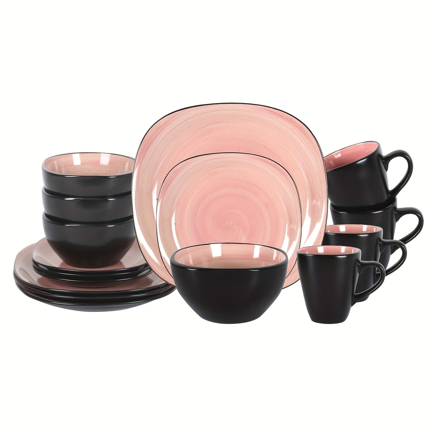 Hand-Brushed Square Stoneware Dinnerware Set (16-Piece) – Black Trim Plates & Bowls for 4