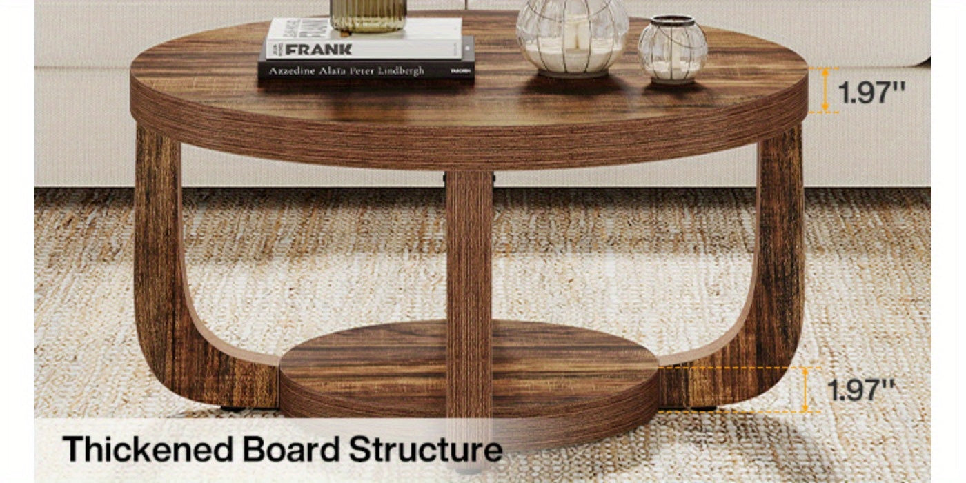 Modern Round Coffee Table with 2-Tier Storage – Rustic Brown Center Table