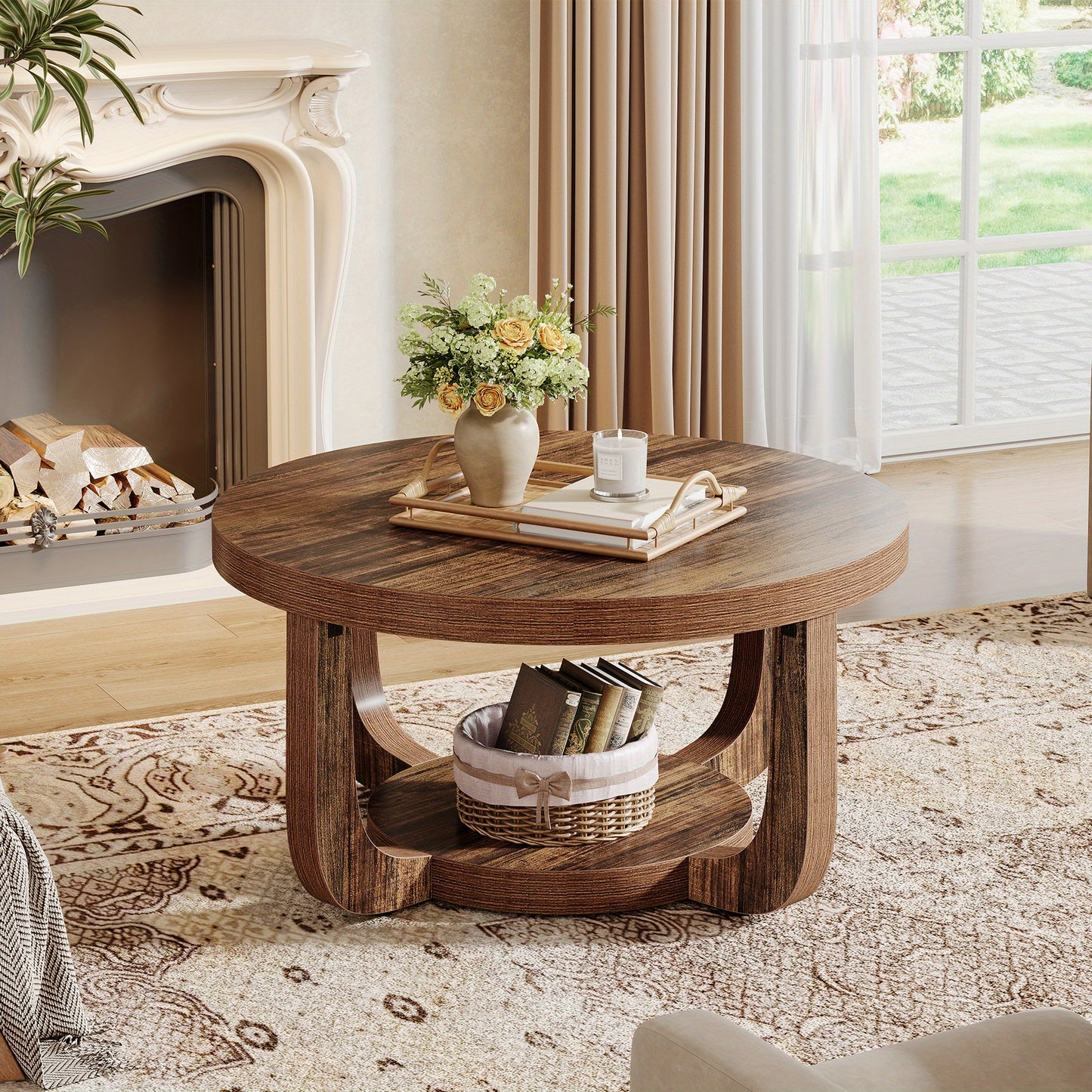 Modern Round Coffee Table with 2-Tier Storage – Rustic Brown Center Table